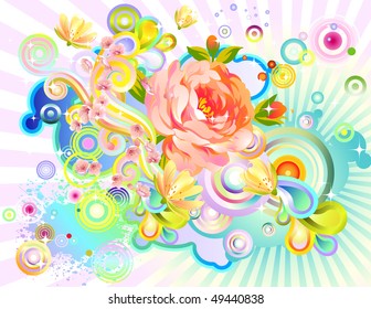 a rose in full bloom forms the centerpiece of this abstract composition filled with colorful design elements. EPS-8