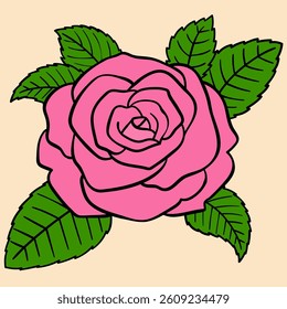rose in full bloom with leaf in bird eye view filled outline doodle. Human-made. Not generated by AI.