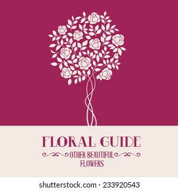 Rose garden tree over color label for floral guide book. Vector illustration.