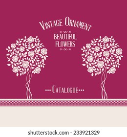 Rose garden tree over color label for floral guide book. Vector illustration.