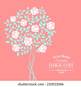 Rose garden tree over floral ornament label for floral guide book. Vector illustration.