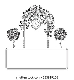 Rose garden with trees and arch flowers, text template plase in the bottom. Vector illustration.