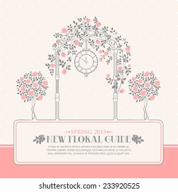 Rose garden with trees and arch flowers, text template plase in the bottom. Vector illustration.