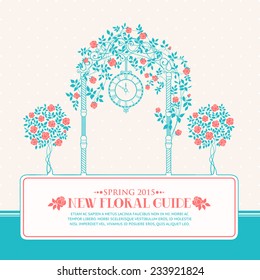 Rose garden with trees and arch flowers, text template plase in the bottom. Vector illustration.