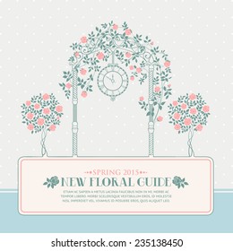 Rose garden with trees and arch flowers, text template plase in the bottom. Vector illustration.