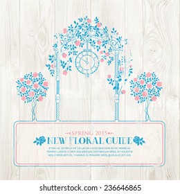 Rose garden with trees and arch flowers, text template over wooden texture. Vector illustration.