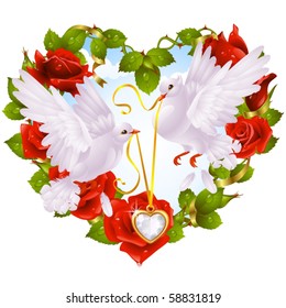 Rose garland in the shape of heart and couple dove