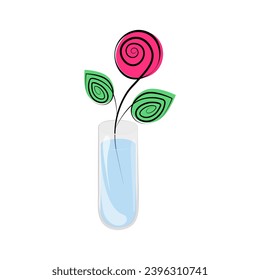 Rose in a glass container in the form of a test tube with water. Stylized flower with marker spots