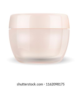 Rose glass cream jar isolated on white background. Cosmetic bottle for cream, gel with lid. Beauty product package, HQ vector illustration.