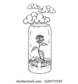 Rose in a glass jar with cloud waterfall and mountains. illustration vector. tattoo line design. line art inking. hatching line.