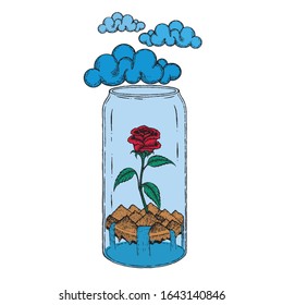 Rose in a glass jar with cloud waterfall and mountains. illustration vector. tattoo line design. line art inking. hatching line.