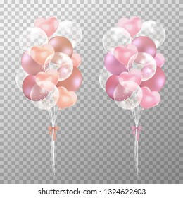 Rose gold balloons on transparent background. Realistic glossy rose gold and pink balloons vector illustration. Party balloons decorations wedding, birthday, celebration and anniversary card design. 