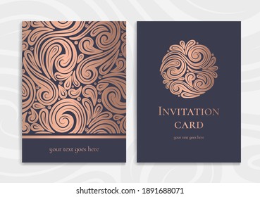 Rose Gold And Black Luxury Invitation Card Design. Vintage Ornament Template. Can Be Used For Background And Wallpaper. Elegant And Classic Vector Elements Great For Decoration.