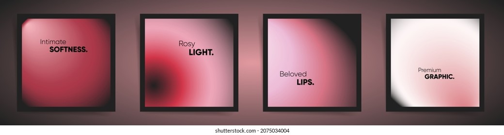 Rose gold blurred black gradient square cover template design set for sensual poster, brochure, home decor, social post. Smooth pink circular gradient fashion concept. Vector square aesthetic layout