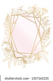 Rose and gold botanic card. Floral, lilies bouquet wedding invitation design. Geometric frame. Brochure, cover template. Vector