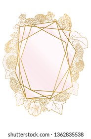 Rose and gold botanic card. Floral, lilies bouquet wedding invitation design. Geometric frame. Brochure, cover template. Vector