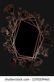 Rose gold botanic card. Floral, lilies bouquet wedding invitation design. Geometric frame. Brochure, cover template. Vector