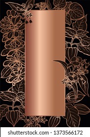 Rose gold botanic card. Floral, lilies bouquet wedding invitation design. Geometric frame. Brochure, cover template. Vector
