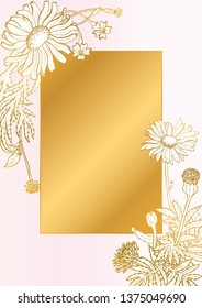 Rose and gold botanic card. Floral, lilies bouquet wedding invitation design. Geometric frame. Brochure, cover template. Vector
