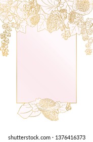 Rose and gold botanic card. Floral, lilies bouquet wedding invitation design. Geometric frame. Brochure, cover template. Vector