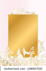 Rose and gold botanic card. Floral, lilies bouquet wedding invitation design. Geometric frame. Brochure, cover template. Vector