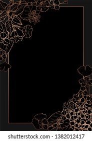Rose gold botanic card. Floral, lilies bouquet wedding invitation design. Geometric frame. Brochure, cover template. Vector