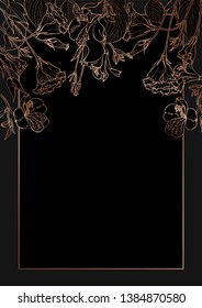 Rose gold botanic card. Floral, lilies bouquet wedding invitation design. Geometric frame. Brochure, cover template. Vector