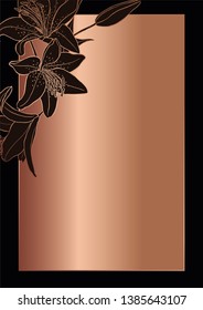 Rose gold botanic card. Floral, lilies bouquet wedding invitation design. Geometric frame. Brochure, cover template. Vector