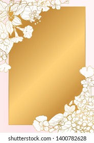 Rose and gold botanic card. Floral, lilies bouquet wedding invitation design. Geometric frame. Brochure, cover template. Vector