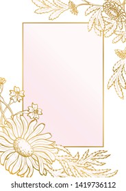 Rose and gold botanic card. Floral, lilies bouquet wedding invitation design. Geometric frame. Brochure, cover template. Vector