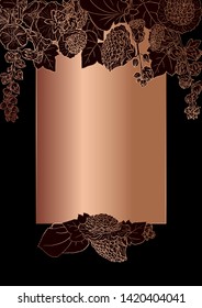 Rose gold botanic card. Floral, lilies bouquet wedding invitation design. Geometric frame. Brochure, cover template. Vector