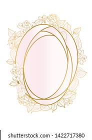 Rose and gold botanic card. Floral, lilies bouquet wedding invitation design. Geometric frame. Brochure, cover template. Vector