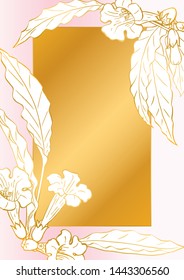 Rose and gold botanic card. Floral, lilies bouquet wedding invitation design. Geometric frame. Brochure, cover template. Vector