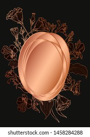Rose gold botanic card. Floral, lilies bouquet wedding invitation design. Geometric frame. Brochure, cover template. Vector