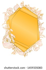 Rose and gold botanic card. Floral, lilies bouquet wedding invitation design. Geometric frame. Brochure, cover template. Vector