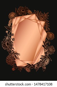 Rose gold botanic card. Floral, lilies bouquet wedding invitation design. Geometric frame. Brochure, cover template. Vector