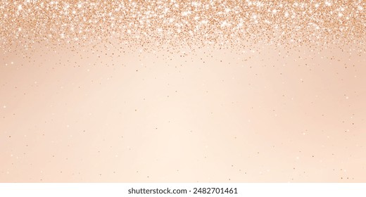 Rose gold bronze glitter lights background. Sparkling champaigne glittering rain effect. Celebration beige backdrop for Christmas and New Year, wedding, birthday party. Luxury frame, border. Vector.