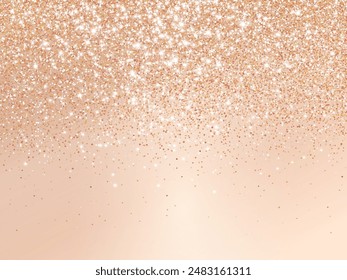 Rose gold bronze glitter lights background. Sparkling champaigne glittering rain effect. Celebration beige backdrop for Christmas and New Year, wedding, birthday party. Luxury frame, border. Vector.