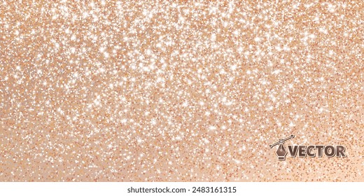 Rose gold bronze glitter lights background. Sparkling champaigne glittering rain effect. Celebration beige backdrop for Christmas and New Year, wedding, birthday party. Luxury frame, border. Vector.