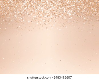 Rose gold bronze glitter lights background. Sparkling champaigne glittering rain effect. Celebration beige backdrop for Christmas and New Year, wedding, birthday party. Luxury frame, border. Vector.