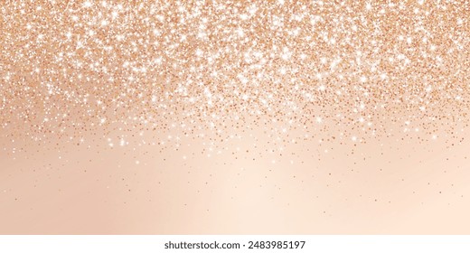 Rose gold bronze glitter lights background. Sparkling champaigne glittering rain effect. Celebration beige backdrop for Christmas and New Year, wedding, birthday party. Luxury frame, border. Vector.