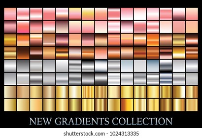Rose gold bronze silver gradient set background vector icon texture metallic illustration for frame, ribbon, banner, coin and label. Realistic abstract golden design seamless pattern. Elegant template