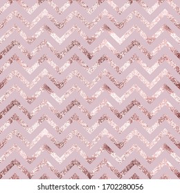 Rose gold. Chevron seamless pattern. Geometric chevrons background. Roses golden glitterer marble. Delicate glitter tile. Design prints with sparkle lines shevron lattice. Elegant twinkle foil texture