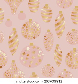 Rose gold. Christmas seamless pattern. Christmas decorations. Holiday pattern for design of invitations, covers, web designs