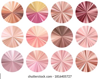 Juego vectorial de elementos de gradiente metálico circular de oro rosa. Piscinas de moda. Pancarta de fondo de textura de gradiente de metal dorado rosado. Diseño gráfico de fondo de etiquetas.
