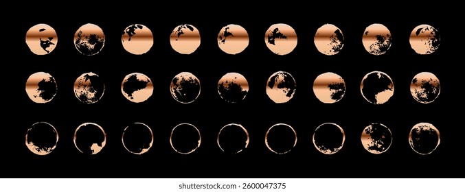 Rose gold circular shapes kit. Vector stain rings. Golden round shape collection. Grungy eroded polka dot pattern. Tiny small messy round shiny metallic stamps. Emblem, logo graphic elements