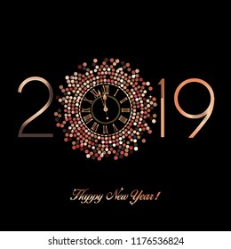 Rose Gold Clock With Roman Numerals On A Hexagon Disco Ball With New Year Numerals 2019 In A Circular Format On A Black Background