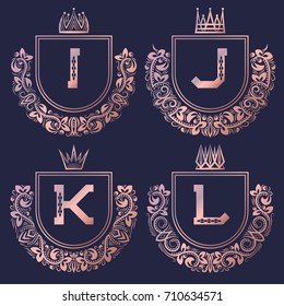 Rose gold coat of arms set in baroque style. Vintage logos with I, J, K, L monogram.