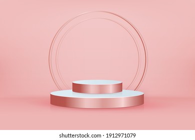 Rose gold color 3D stage podium mockup for cosmetic and product placement, vector illustration