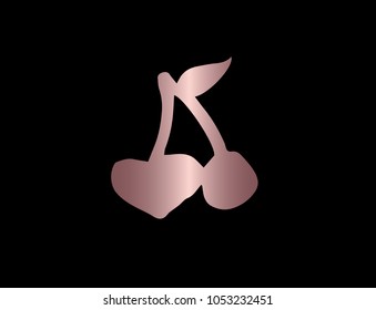 Rose Gold Color Flat, Line, Icon Logo, Sign, Symbol. Heart Cherry Fruit Food. Graphic Design Concept, Elements, Vector Illustration EPS10